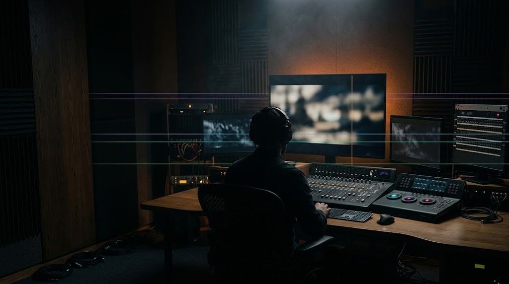 A dark post-production suite at night: mixing console, colour grading panel and a wide screen, with thin coloured light lines like timeline tracks.