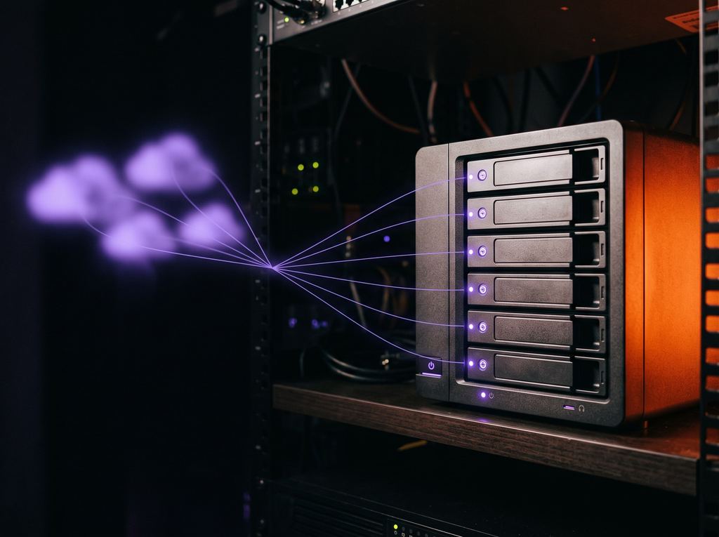 A network storage unit on a shelf in a dark machine room, with soft violet status lights.