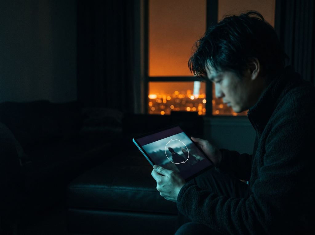 A director at home at night holding a tablet that shows a film frame with a hand-drawn circle.