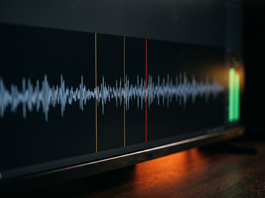 Close-up of an audio waveform on a dark monitor with amber and red marker lines.