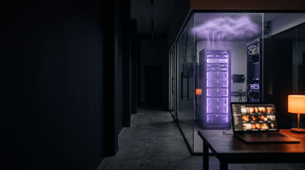 A dark studio machine room with storage racks glowing violet and a laptop in the foreground.
