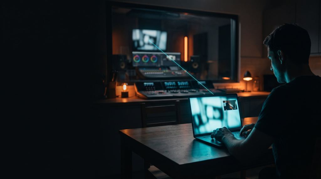 A person at a kitchen table at night with a laptop, connected to a studio far away.