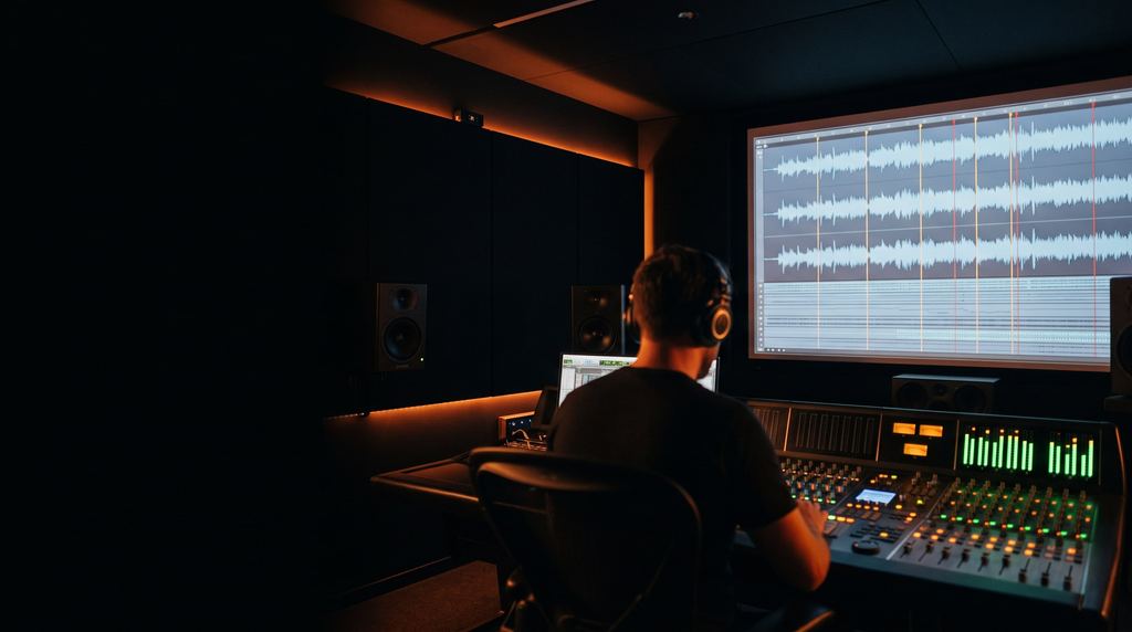 A dark 5.1 mixing room with a multi-track waveform on screen and green level meters.