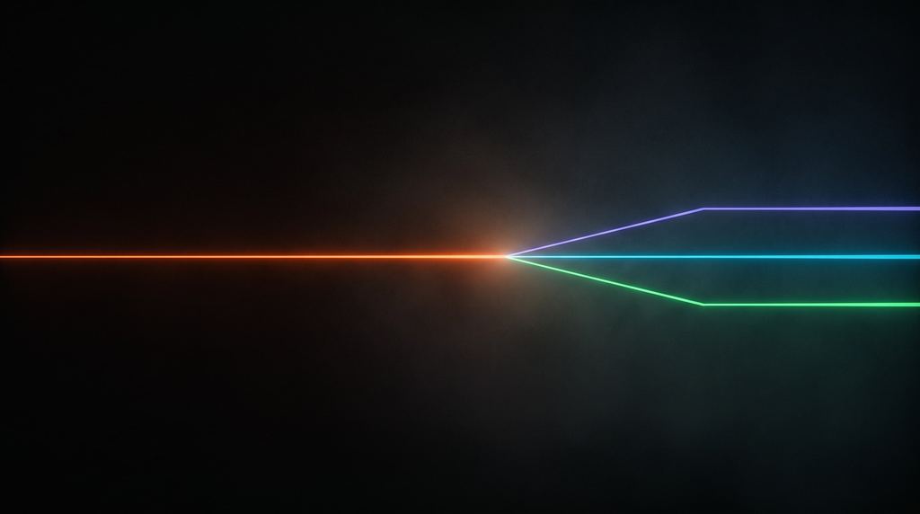 Three thin beams of violet, cyan and green light converging into one warm orange line.