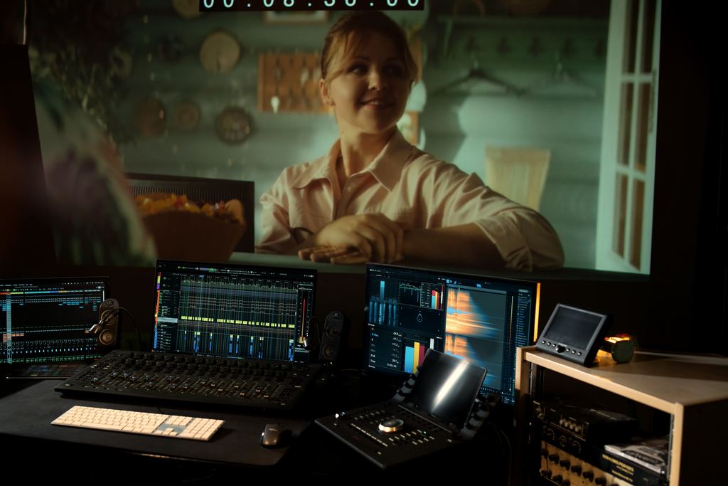 A film scene on the big screen above the mixing desk at Sunrise Film.